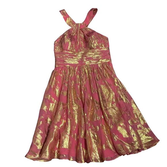 Aidan Mattox Silk Metallic Halter Cocktail Dress Pink Gold Size 6 - Picture 7 of 11